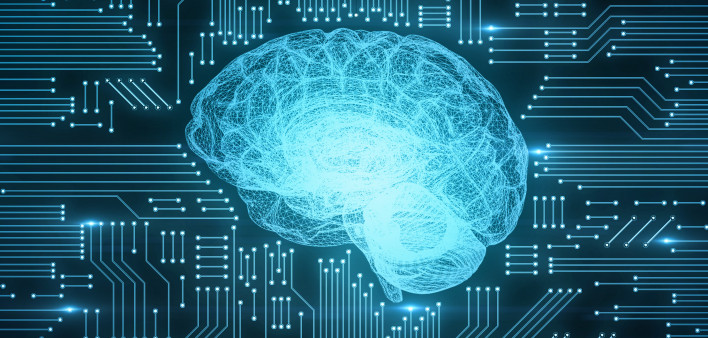 Blue digital computer brain on circuit board with glows and flares