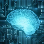 Blue digital computer brain on circuit board with glows and flares