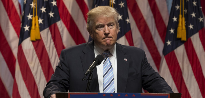 Donald Trump speaks during introduction Governor Mike Pence as running for vice president at Hilton hotel Midtown Manhattan