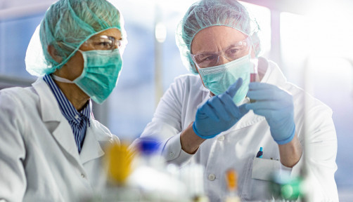 Two scientists cooperating while examining antiviral drug in a test tube at laboratory