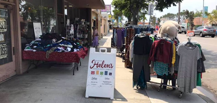 A sidewalk sale at Auntie Helen's Community Thrift in San Diego