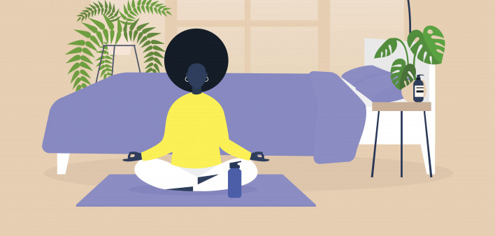graphic illustration woman meditating on yoga mat