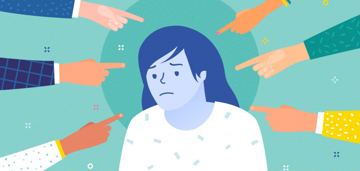 Sad or depressed woman surrounded by hands with index fingers pointing at her illustration