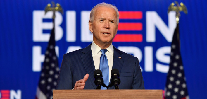 Democratic presidential nominee Joe Biden delivers remarks at the Chase Center in Wilmington, Delaware, on November 6, 2020.