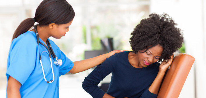 woman girl stomach cramps with nurse