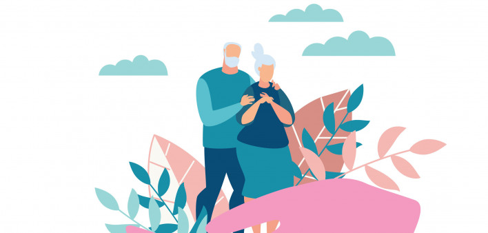 elderly man and woman held by hand illustration mask