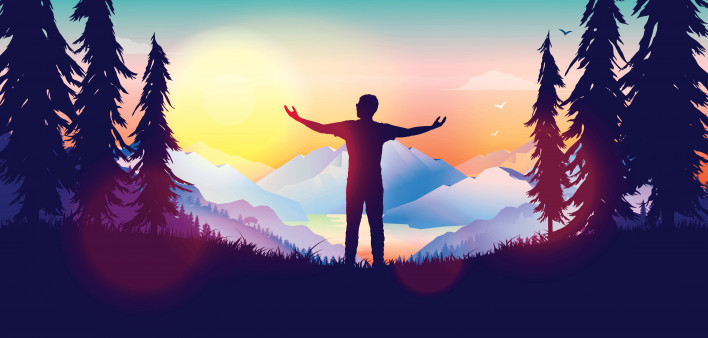 Silhouette of man outstretched arms sunrise mountains illustraion