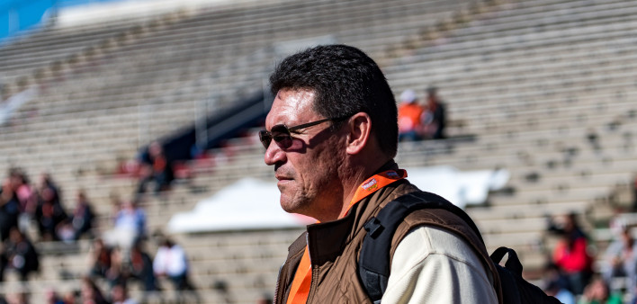 NFL Carolina Panthers Head Coach Ron Rivera attends a Reese's Senior Bowl practice at Ladd-Peebles