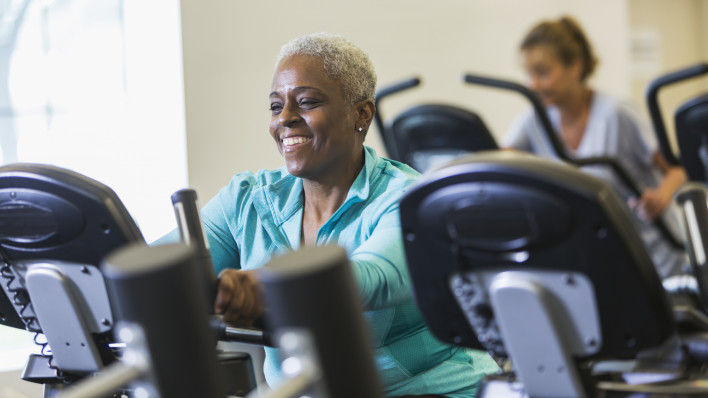 older woman on exercise bike