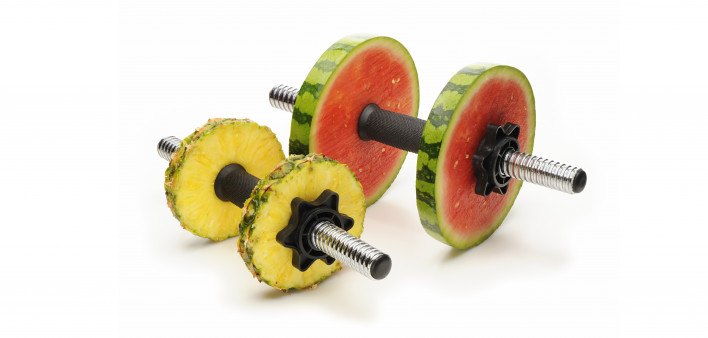 dumbell weights made with pineapple and watermelon slices