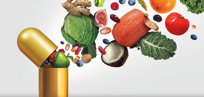 healthy food pouring into gold capsule illustration fruite vegetables salmon nuts coconut kale