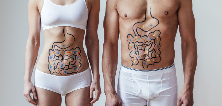 microbiome woman man intestines drawn on stomachs