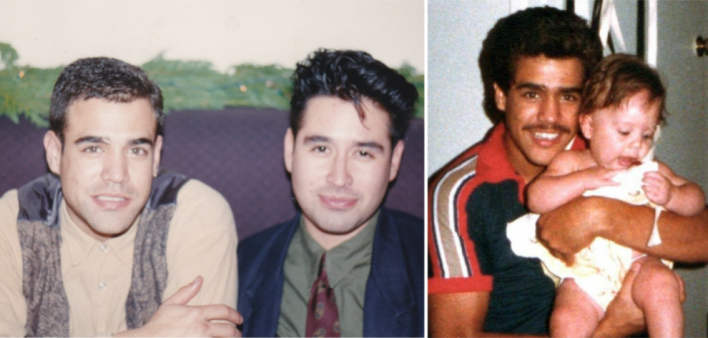 From left: Roger Vasquez and Chris Pimentel around 1990; Roger and his son, Jason Prefontaine, in 1982