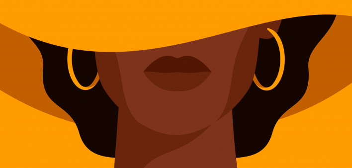 Young African American woman with black curly hair in the yellow hat with a wide brim covering her face. Black strong girl