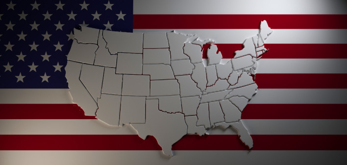 Map of United States of America on national flag background