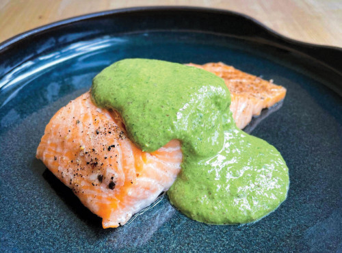 Recipe: roast salmon with walnut-flaxseed pesto.
