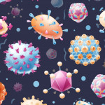 Seamless pattern with common viruses. Microbiology, models of pathogens.