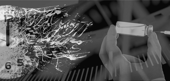 illustration black and white clock hand with vaccine syringe