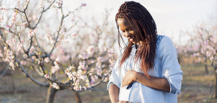 Portrait of a beautiful, young African woman enjoying her pregnancy at the orchard in bloom.