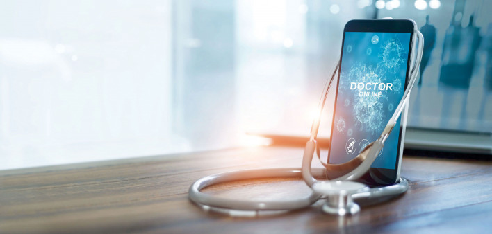 smart phone with the work doctor with a stethascope