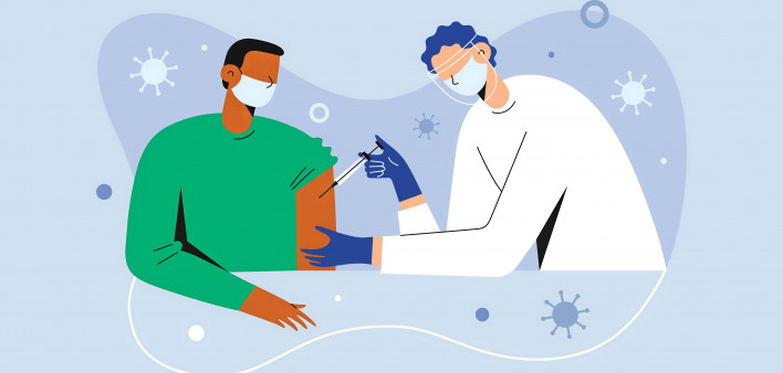illustration of a vaccine being given while wearing masks