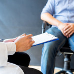 Male doctor and prostate cancer patient are discussing about prostate cancer test report. Diagnostic, prevention of men diseases,