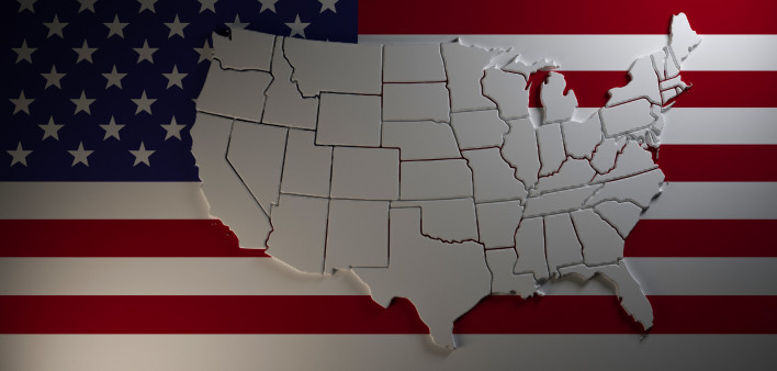 Map of United States of America on national flag background