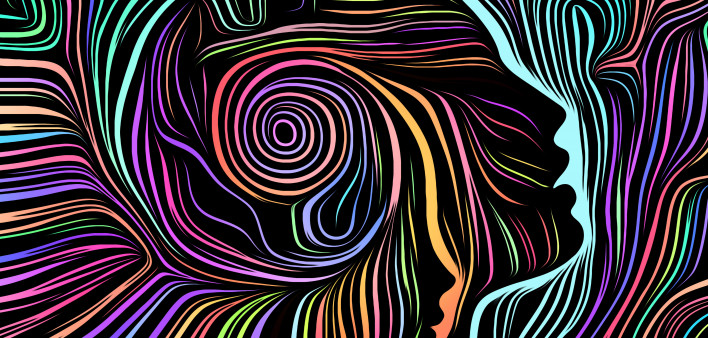 Inner Geometry series. Interplay of human face rendered in traditional woodcut style on the subject of human soul, internal drama, art, poetry and spirituality