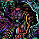 Inner Geometry series. Interplay of human face rendered in traditional woodcut style on the subject of human soul, internal drama, art, poetry and spirituality