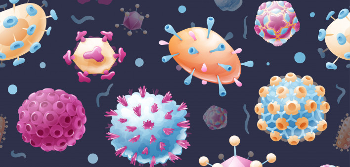 Seamless pattern with common viruses. Microbiology, models of pathogens.
