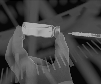 illustration black and white clock hand with vaccine syringe