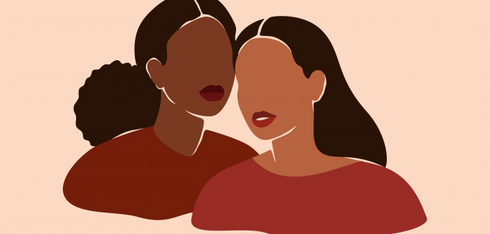 Two beautiful black women stand together. Strong African American girls side by side. Sisterhood and females friendship.