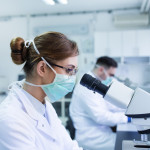 Team of experienced biologists working on microscopes in laboratory