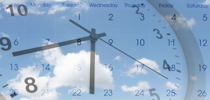 photo collage of clock, calendar and clouds