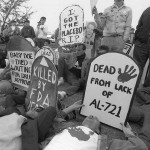 AIDS activists protest at the Food and Drug Administration’s headquarters in Rockville, Maryland, on October 11, 1988.