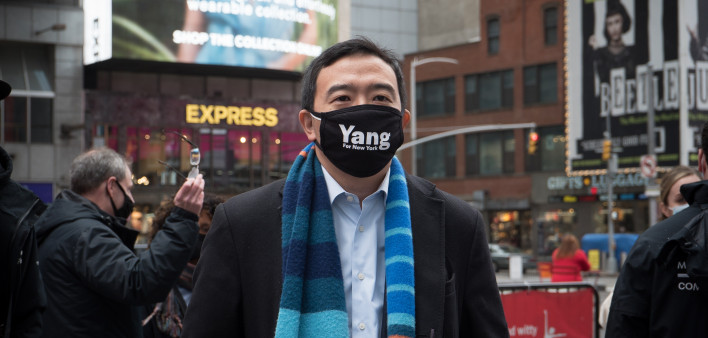 New York City mayor candidate Andrew Yang during a visit in Times Square.