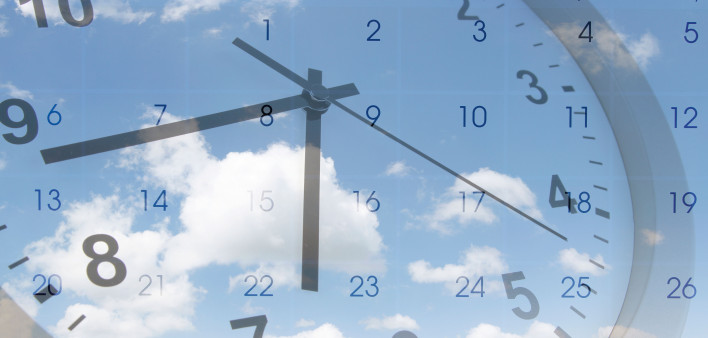 photo collage of clock, calendar and clouds