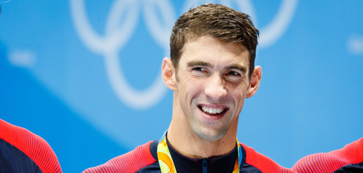 Men’s 4 x 100m Medley Relay Final medals celebration at the 2016 Summer Olympic Games in Rio De Janeiro. Michael Phelps and his last Olympic race.