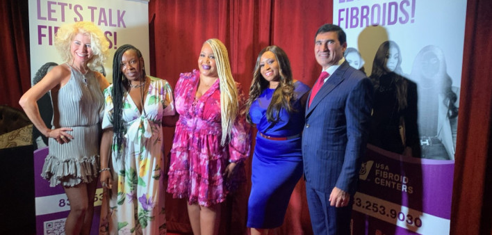 Fibroid Fighters founders welcome Fibroid Fighters ambassadors to A Night in Purple dinner held recently in New York, New York City. From left are Flora Katsnelson, MD, coach Ella Destiny, Kym Lee, and Erica L. Taylor and Yan Katsnelson, MD.