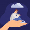 illustration of depressed man held in a hand with cloud over his head