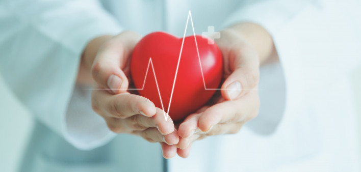 Female medical doctor holding red heart shape in hand with graphic of heart beat, cardiology and insurance concept