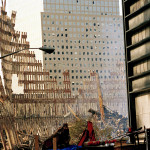 Steel Skeleton of World Trade Center Tower South (one) in Ground Zero days after September 11, 2001 terrorist attack which collapsed the 110 story twin towers in New York City, NY, USA.