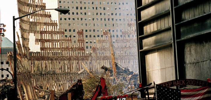 Steel Skeleton of World Trade Center Tower South (one) in Ground Zero days after September 11, 2001 terrorist attack which collapsed the 110 story twin towers in New York City, NY, USA.