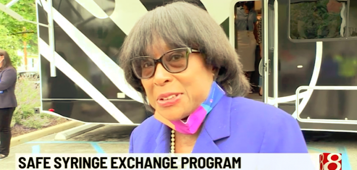 Virginia Crane, MD, the public health director of Marion County, Indiana, at the Damien Center’s mobile unit, October 2021.