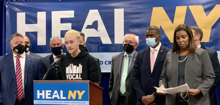 Luke Grandis of VOCAL-NY speaks at HealNY event October 5, 2021.