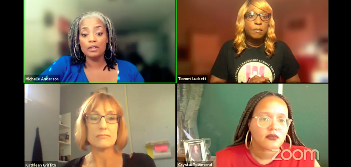 Clockwise from top left: Michelle Anderson, Tiommi Luckett, Crystal Townsend and Kathleen Griffith discuss intimate partner violence and HIV, October 22, 2021.