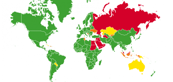 Green areas do not have HIV travel restriction; yellow requires HIV testing or disclosure for some types of entry; orange prohibits entry or stay based on HIV status; red deports non-nationals based on HIV status and prohibits entry or stay based on HIV s