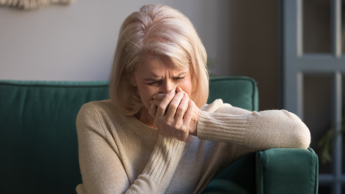 Sad stressed old middle aged woman widow mourning crying