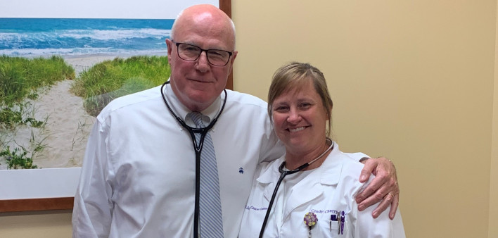 Cindy Cherry, MSN, AGNP-C, on the right with colleague Paul R. Walker, MD, FACP, on the left.