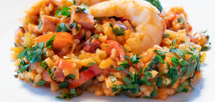 Creole Jambalaya on a White Plate, a Typical Cajun Cuisine Dish